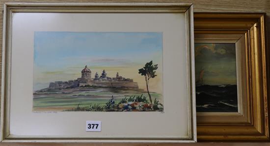 Galea, watercolour, Medina, The Old City, signed and dated 1967, 18 x 27cm and a small oil of a fishing boat